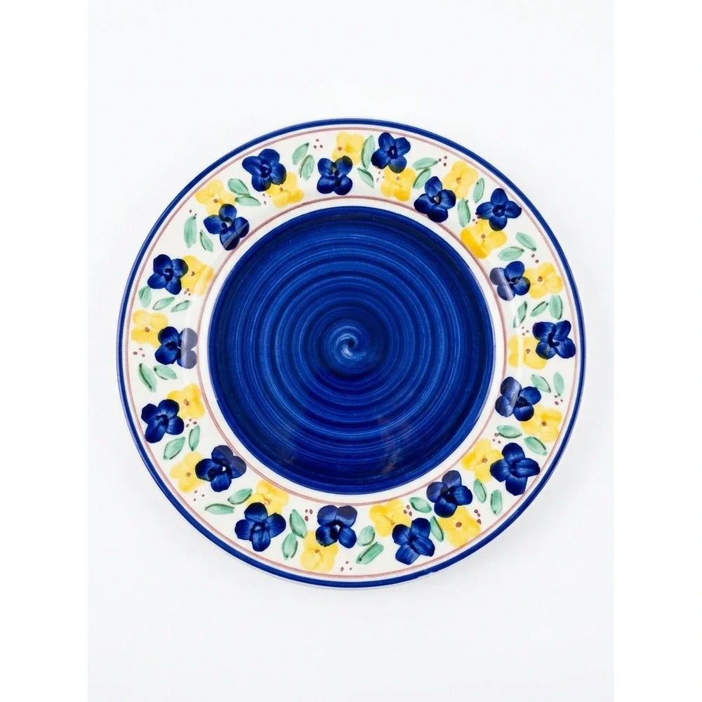 Vintage Verona Fine Porcelain Blue and Yellow Floral Swirl Rim Salad Plate